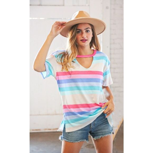 Fuchsia Blue Multi Color Stripe Key Hole Top - Picture 6 of 7